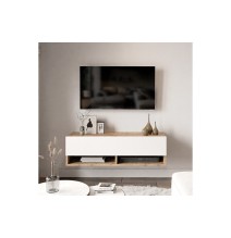 Mueble TV Moderno con 1 Puerta y Estantes en Melamina Color Cambria y Blanco - 100x31.5x29.6cm