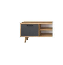 Mueble TV Antracita Nogal Melamina Natural - Patas Madera - 180x29.7x48.6 cm - 3 Cajones y Estantes.